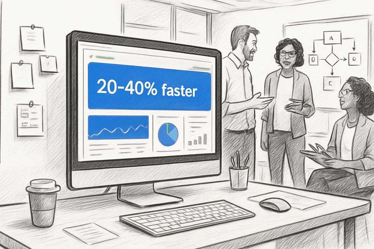 Agency workspace sketch with analytics screen and a #3B82F6 banner reading '20-40% faster', workflow diagrams nearby.