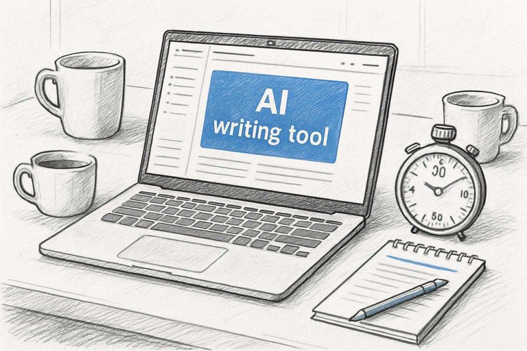 Sketch of a workspace with a laptop screen showing 'AI writing tool' in blue, surrounded by notepad, mug, stopwatch.