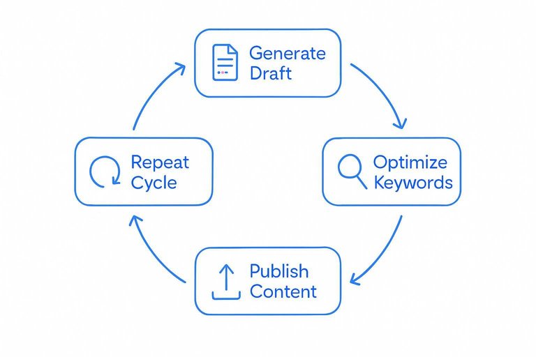 Circular flow diagram showing automated SEO cycle: Generate Draft, Optimize Keywords, Publish Content, Repeat Cycle.