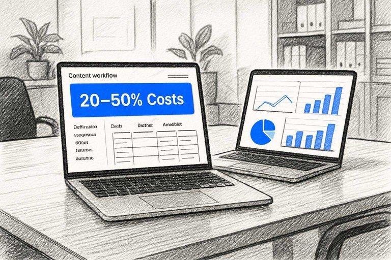 Sketch of agency workspace, laptops showing workflow stats and a #3B82F6 banner with '20–50% Costs' as prominent text.