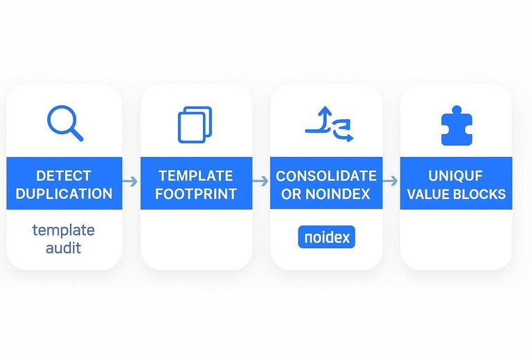 Four-step flow: Detect duplication, Template footprint, Consolidate or noindex, Unique value blocks with arrows