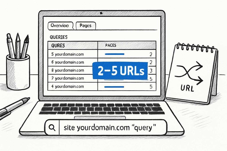 Sketch of SEO dashboard with blue banner text "2–5 URLs" highlighting multiple pages competing for one query