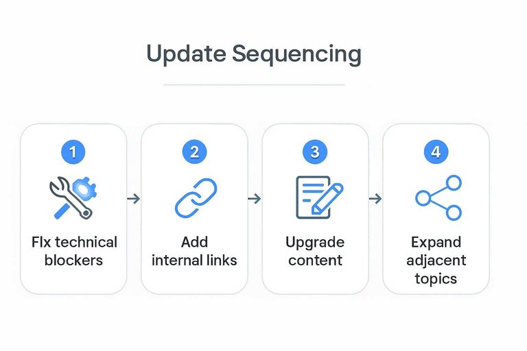 Four-step flow: Fix technical blockers → Add internal links → Upgrade content → Expand adjacent topics