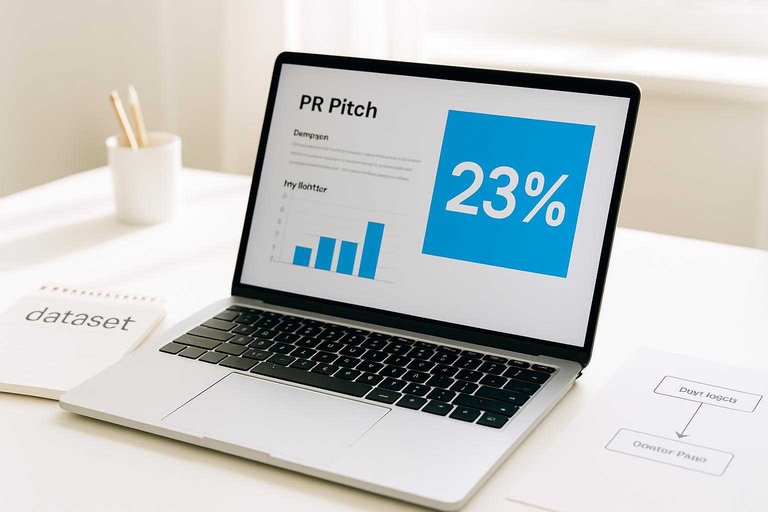 Bright workspace with laptop showing a PR pitch draft and a blue card overlay reading "23%" beside link-planning notes