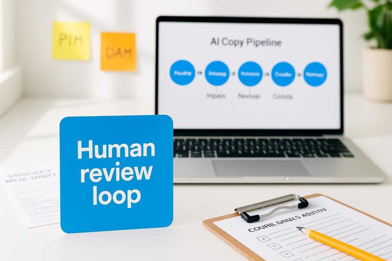 Desk workspace showing AI copy pipeline on laptop and a blue card reading “Human review loop” for quality control
