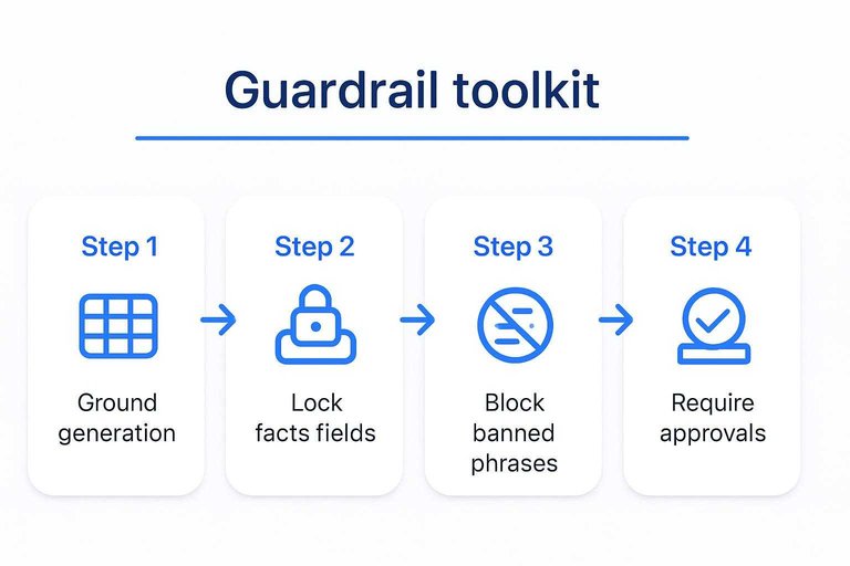 Four-step guardrails flow: Ground generation, Lock facts fields, Block banned phrases, Require approvals
