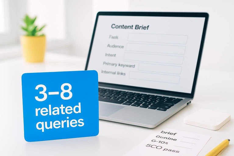 Airy desk workspace with a content brief template on laptop and a blue card reading “3–8 related queries”