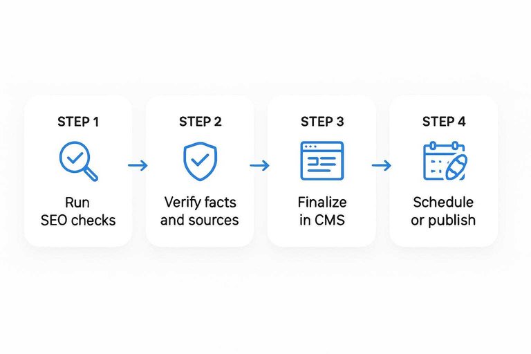 Four-step flow: Run SEO checks → Verify facts and sources → Finalize in CMS → Schedule or publish