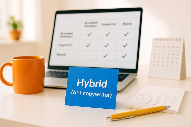 Desk workspace with comparison table on laptop and blue sticky note reading “Hybrid (AI + copywriter)”