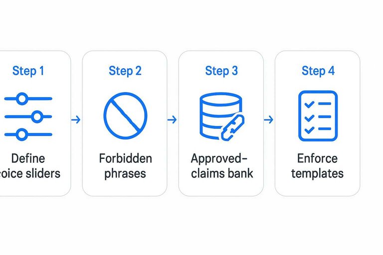 Four-step flow: Define voice sliders, Forbidden phrases, Approved-claims bank, Enforce templates connected by arrows