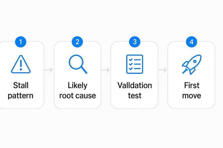 Four-step flow: Stall pattern → Likely root cause → Validation test → First move with arrows