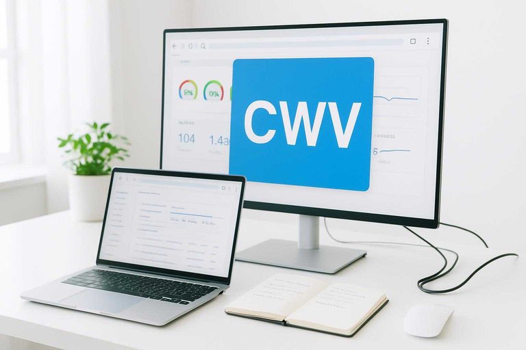 Bright workspace with performance dashboard and a blue card overlay reading “CWV,” highlighting technical SEO speed checks
