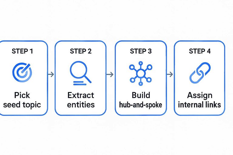 Four-step flow: Pick seed topic, Extract entities, Build hub-and-spoke, Assign internal links with arrows