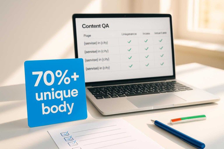 SEO QA workspace with a content audit dashboard and blue sticky note reading “70%+ unique body”