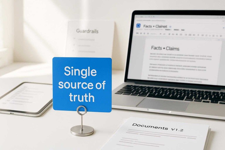 Desk workspace with a Google Doc and blue card reading “Single source of truth” to emphasize a shared content source.