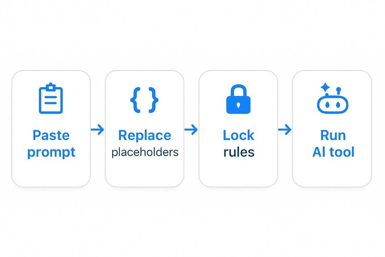 Four-step process: Paste prompt, Replace placeholders, Lock rules, Run AI tool with arrows left to right