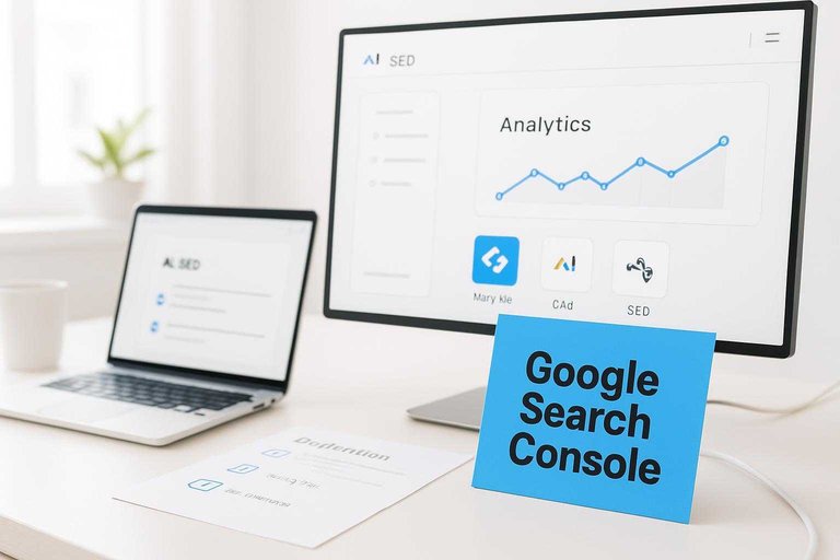 Desk setup connecting SEO data sources, with a blue card reading “Google Search Console” beside analytics screens