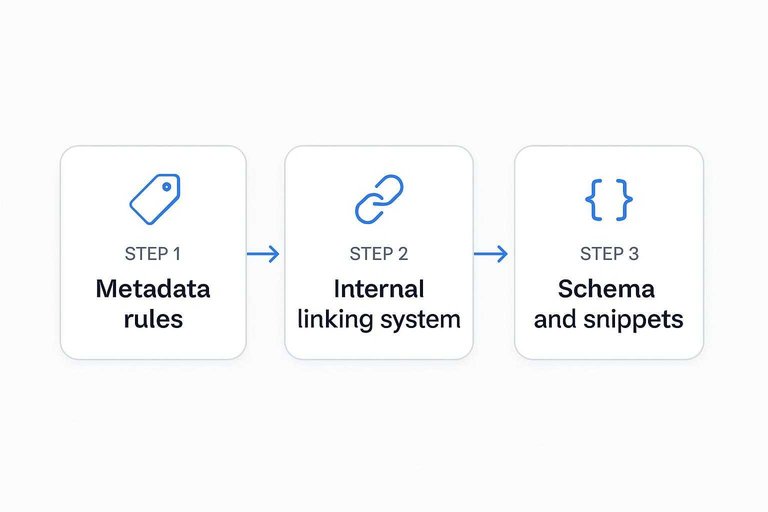 Three-step flow: Metadata rules → Internal linking system → Schema and snippets with connecting arrows