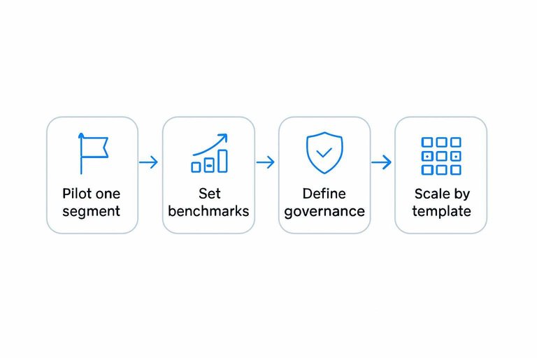 Four-step flow: Pilot one segment, Set benchmarks, Define governance, Scale by template, connected by arrows