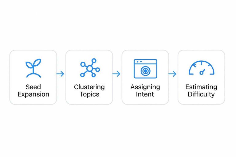 Four-step flow: Seed Expansion, Clustering Topics, Assigning Intent, Estimating Difficulty with arrows
