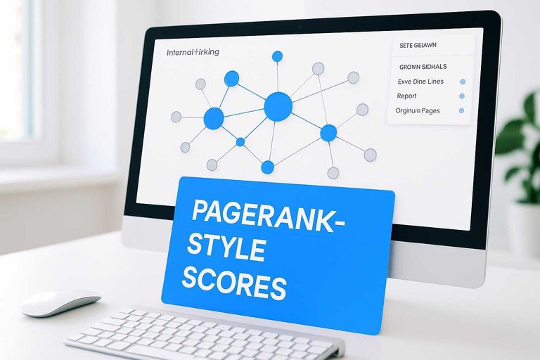 Monitor shows site graph UI with a blue card reading "PageRank-style scores" highlighting internal linking signals.