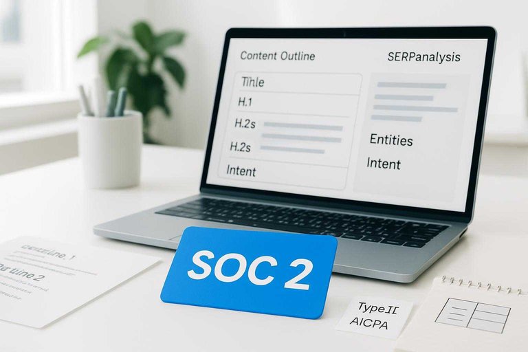 SEO workspace with laptop outline and a blue card reading "SOC 2" to highlight on-page relevance signals