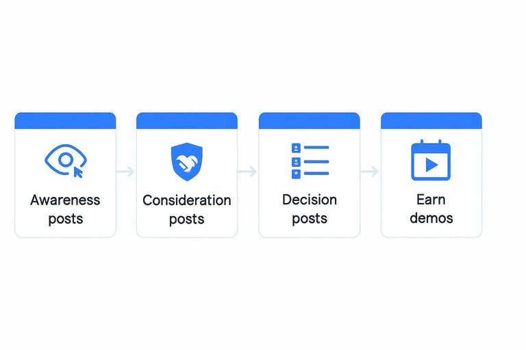 Four-step flow: Awareness posts → Consideration posts → Decision posts → Earn demos with connecting arrows