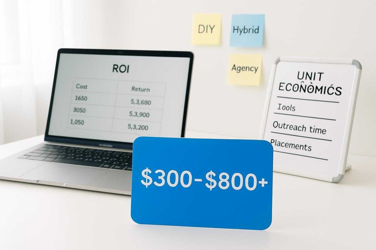 Desk workspace with ROI spreadsheet and blue card reading “$300–$800+” highlighting agency link cost range.