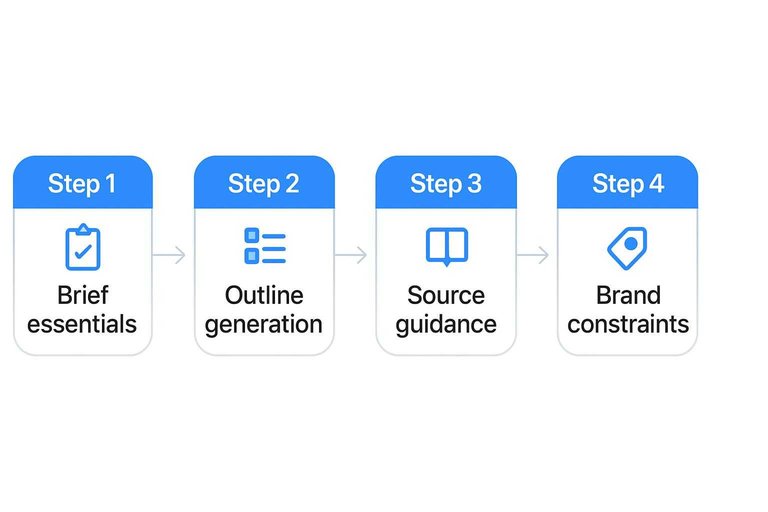 Four-step flow: Brief essentials → Outline generation → Source guidance → Brand constraints with arrows