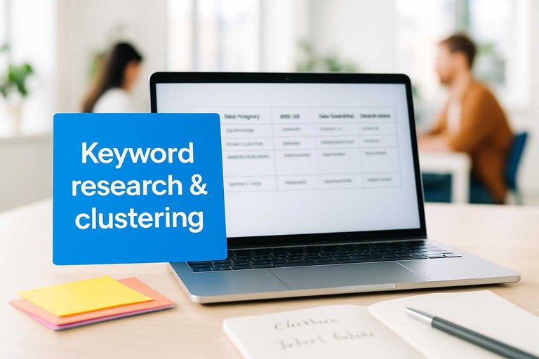 Content team desk with a cheat-sheet table on a laptop and a blue card reading “Keyword research & clustering”