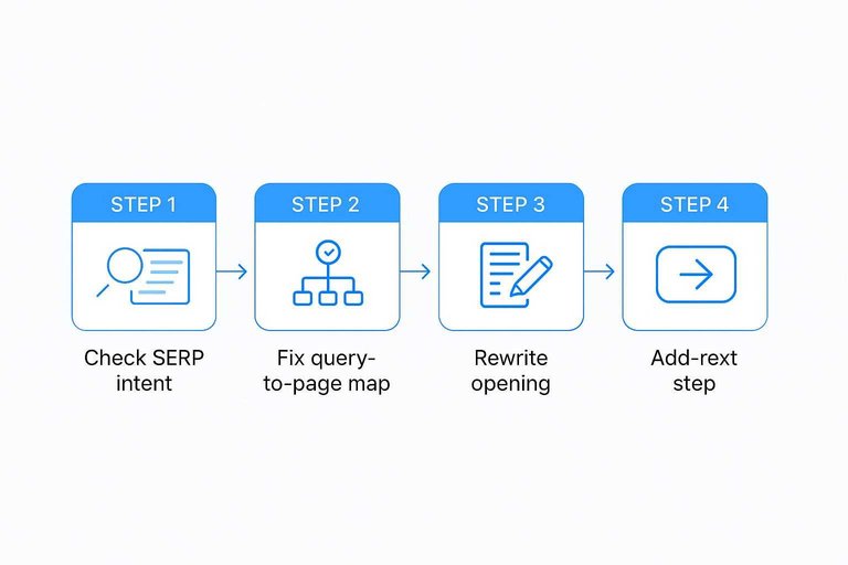 Four-step flow: Check SERP intent, Fix query-to-page map, Rewrite opening, Add next step