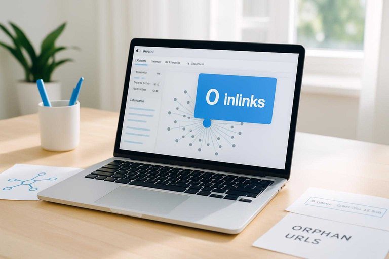 Laptop crawl report highlights "0 inlinks" on a blue card, with a hub-and-spoke link graph sketched beside it.