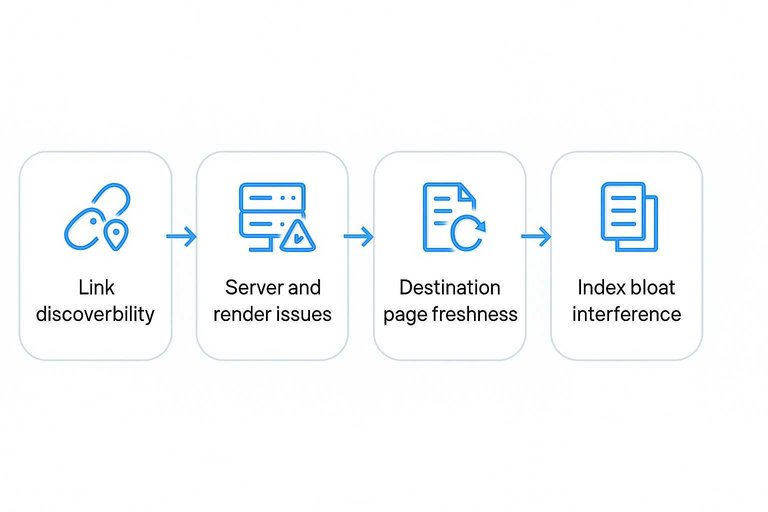 Four-step flow: Link discoverability → Server and render issues → Destination page freshness → Index bloat interference