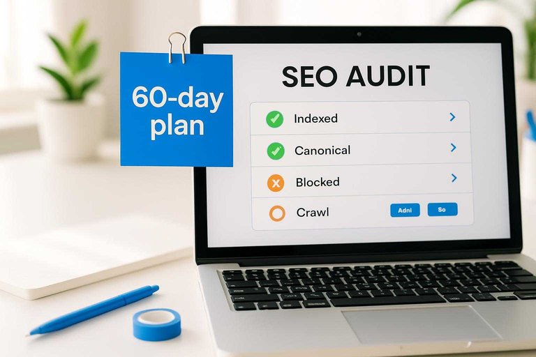 SEO desk scene with laptop audit checklist and a blue sticky note reading “60-day plan” for backlink fixes