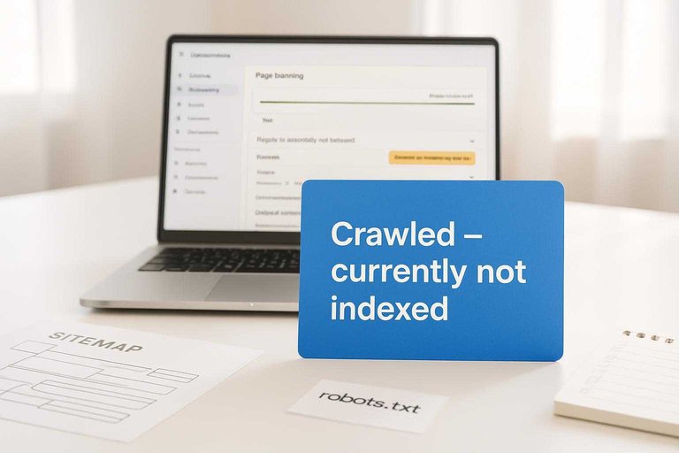 SEO desk with Search Console Page indexing report and blue card reading “Crawled – currently not indexed”