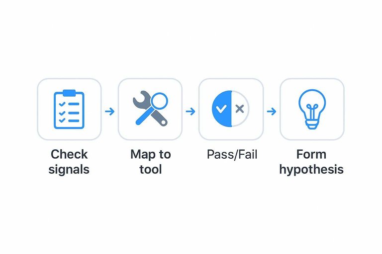 Four-step flow: Check signals, Map to tool, Pass/Fail, Form hypothesis connected by arrows