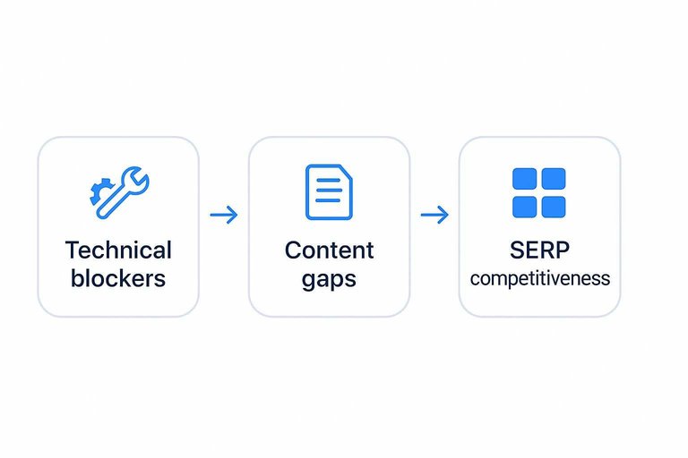 Three-step process: Technical blockers → Content gaps → SERP competitiveness, connected by arrows