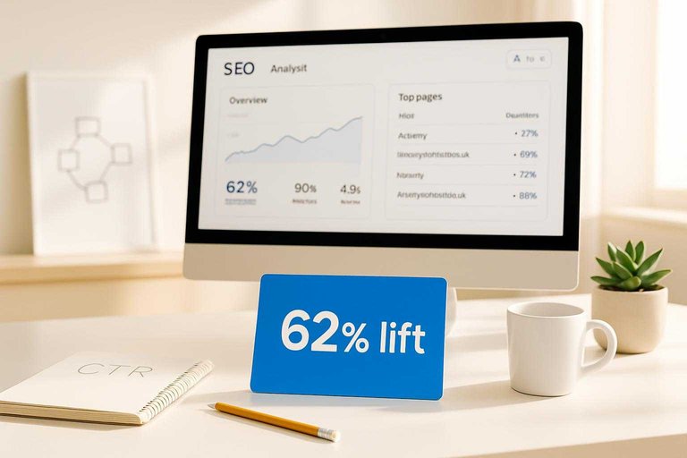 SEO analytics workspace with blue card reading "62% lift" beside a dashboard of page sessions and CTR gains