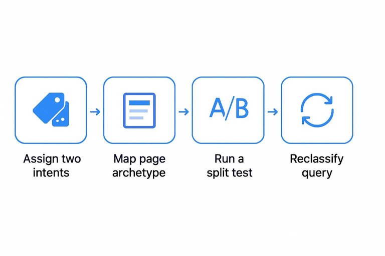 Four-step flow: Assign two intents, Map page archetype, Run a split test, Reclassify query with arrows