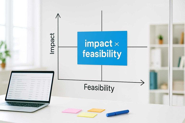 Whiteboard prioritization grid with blue card reading "impact × feasibility" beside a laptop showing keyword cluster notes.