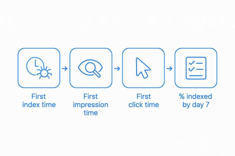 Four-step flow: First index time → First impression time → First click time → % indexed by day 7