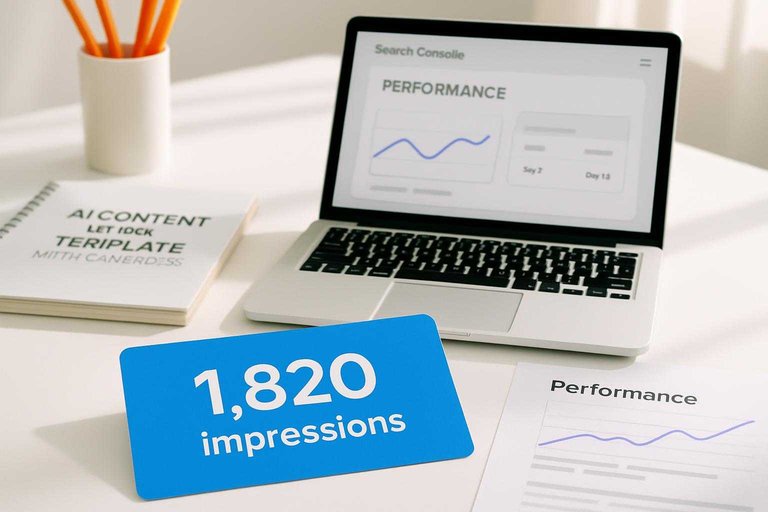 Desk workspace with analytics on a laptop and a blue card reading “1,820 impressions” highlighting SEO gains