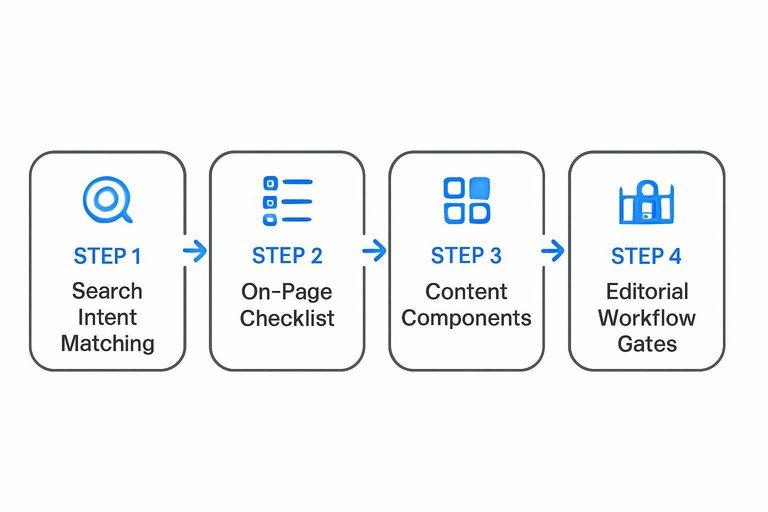 Four-step flow: Search Intent Matching, On-Page Checklist, Content Components, Editorial Workflow Gates