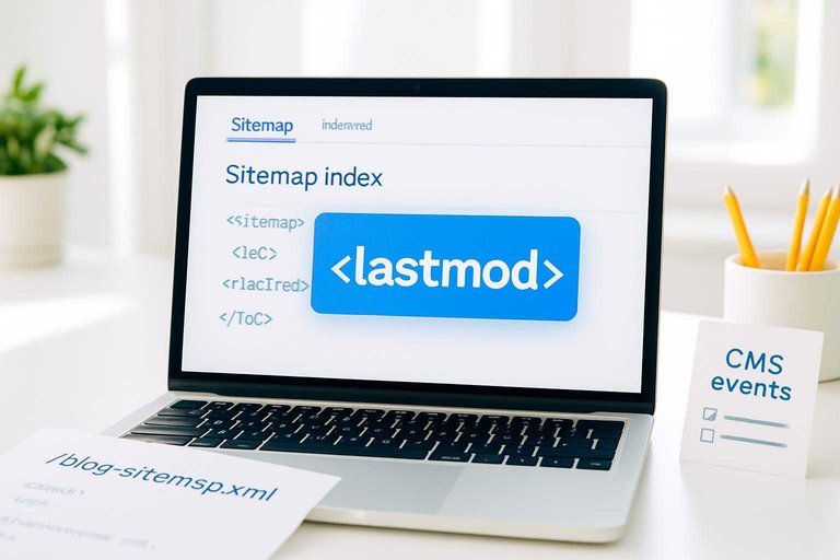 Laptop showing a sitemap index with a blue overlay card reading "<lastmod>", highlighting accurate sitemap updates