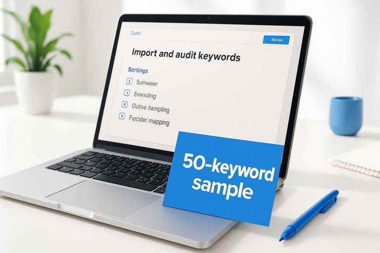 Laptop showing keyword import audit checklist with a blue sticky note reading "50-keyword sample" for debugging inputs.