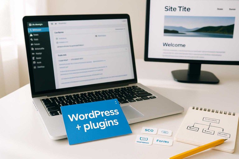 Desk setup showing CMS admin and site preview, with a blue sticky note reading “WordPress + plugins”