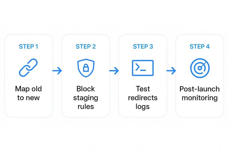 Four-step launch checklist: Map old to new, Block staging rules, Test redirects logs, Post-launch monitoring