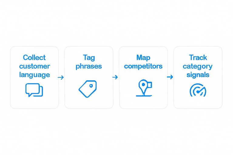 Four-step flow: Collect customer language, Tag phrases, Map competitors, Track category signals with arrows