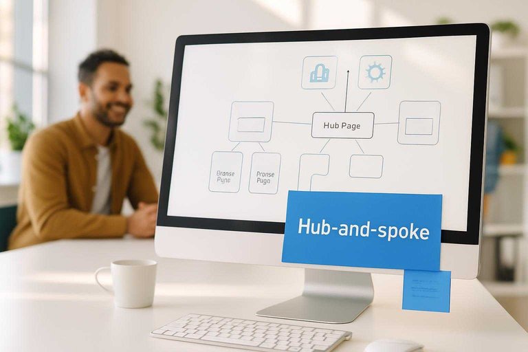 Marketing workspace with content map diagram and a blue card reading "Hub-and-spoke" to illustrate pillar structure.