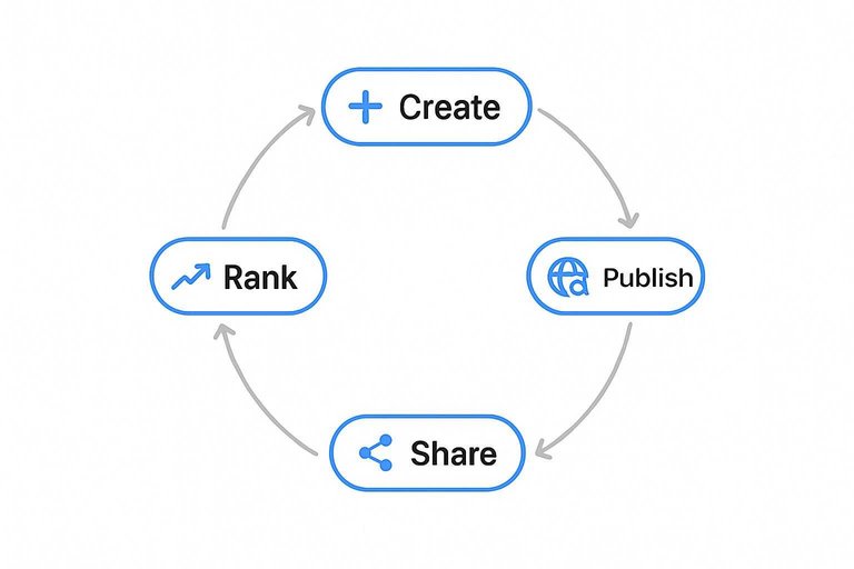 Circular workflow with arrows: Create, Publish, Rank, Share looping back to Create
